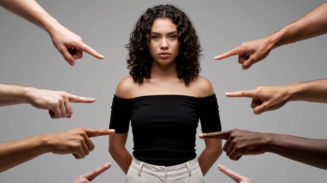 A woman surrounded by pointing fingers, isolated on grey. A studio shot conveying stress and anxiety. Social stigma, shame, public humiliation.
