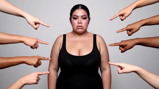 Plus-size woman being pointed at by several hands in a studio. A somber portrayal of judgment and vulnerability. Social pressure, body shaming, modern issues.