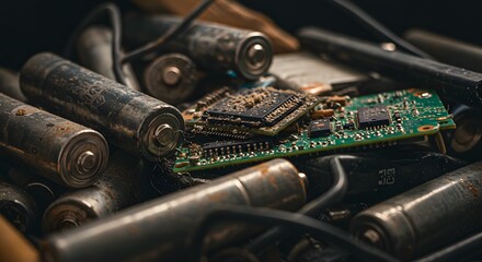 Hazardous E-Waste Pile: Discarded Batteries and Circuit Boards Present Environmental Challenge