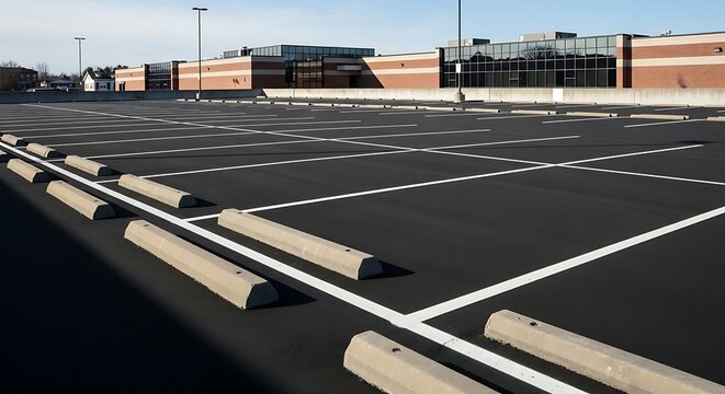 Expansive empty parking lot with new asphalt and painted lines.