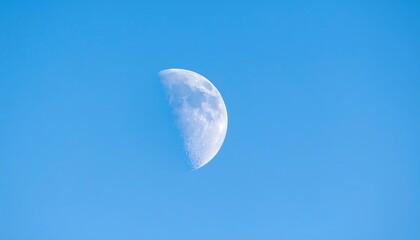 A detailed shot of the waxing crescent moon against a bright, cloudless, and vibrant blue daytime sky