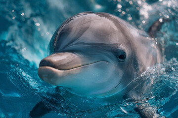 Fototapeta premium Captivating close-up of a dolphin swimming in crystal-clear turquoise waters