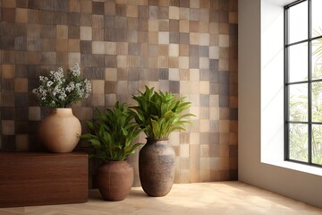Elegance in Simplicity: An interior view showcasing vases filled with vibrant plants set before a unique, textured wall, alongside a window that allows sunlight to bathe the room in a soft.