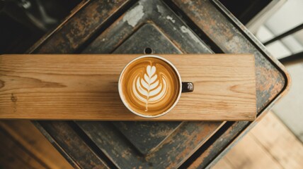 Latte Coffee with Leaf Latte Art on Wooden Board