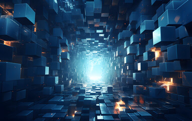 Futuristic blue digital landscape filled with floating cubes glowing in a bright light