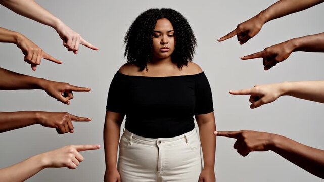A young woman surrounded by pointing fingers in a studio. A portrait of vulnerability and pressure. Social isolation, public shaming, feeling blamed.
