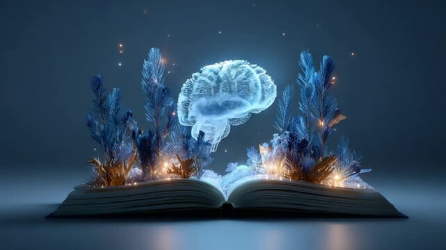 A  3D rendered book with glowing foliage, a digital brain, and magical light, revealing the captivating possibilities of imagination and knowledge.