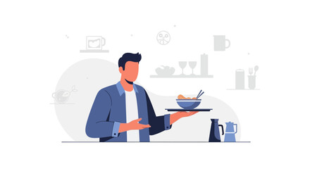 Server Presenting Meal, Showing Tray with Food, Ready to Serve Customers, Restaurant Concept