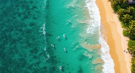 Aerial view of surfers on standup paddleboards in turquoise ocean waves