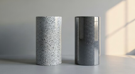 Minimalist Grey and Speckled White Ceramic Vases on White Surface in Natural Light
