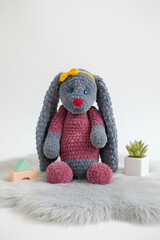 Handmade Plush Crochet Bunny with Bow – Cute Amigurumi Toy for Kids