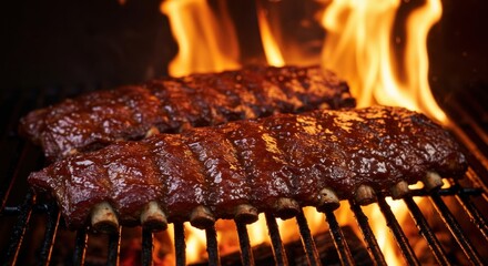 Barbecue ribs cooking on a grill with flames