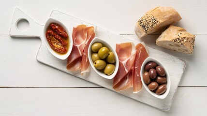 Charcuterie Board with Olives, Prosciutto, Sun-Dried Tomatoes, and Bread