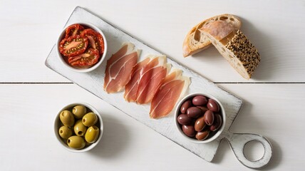 Charcuterie Board with Olives, Prosciutto, Sun-Dried Tomatoes, and Bread