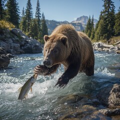 Brown bear catching salmon in river