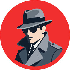 Modern Noir Spy Character in Gray Fedora and Trench Coat on Red Circle