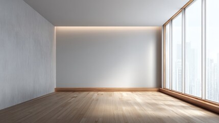 Bright and Minimalist Empty Room with Large Window and Wooden Floor, Ideal for Interior Design Mockups