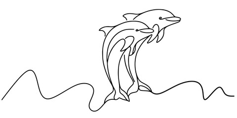 Fluid Leap: Dolphins in Minimalist Harmony, A continuous line illustration of two dolphins leaping from stylized waves, rendered in a minimalist style