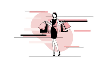 Stylish Illustration of a Woman Enjoying Shopping with Paper Bags and a Graphic Design