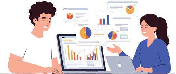 Business team analyzing data charts, financial growth presentation, market research discussion, digital strategy, teamwork collaboration, office analytics report session