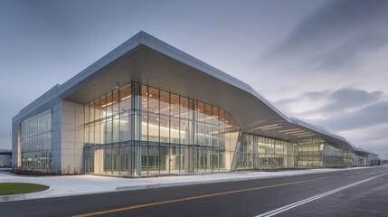 Obraz premium Modern Airport Terminal Exterior with Glass Facade and Sleek Architecture at Dusk, Reflecting Sky