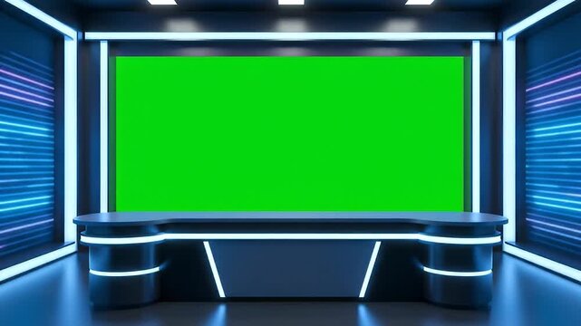A modern virtual news studio background featuring a central desk and a large green screen for broadcasting, presentations, or news reports.