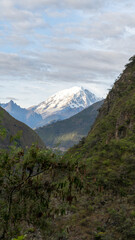Fototapeta premium Majestic snow capped mountain peak viewed from a lush green valley