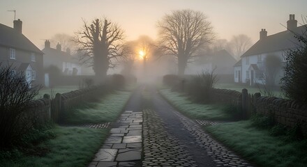 Serene Village Pathway in Morning Fog with Sun Rising Behind Bare Trees and Traditional Houses