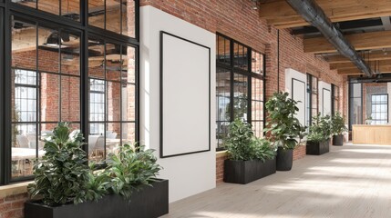 Elegant interior with mockup posters, plants, exposed brick and black framed windows, creating a gallery space