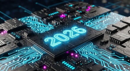 Fototapeta premium Futuristic circuit board with glowing elements representing year 2026 