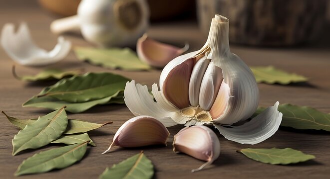 Fresh garlic bulb and cloves with dried bay leaves on a rustic wooden surface, ready for cooking.