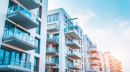 Obraz premium Modern Residential Building Exterior with Balconies and Contemporary Design under a Clear Blue Sky, Offering Urban Living