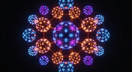 Futuristic Neon Glowing Spheres in a Symmetrical Mandala Network.
