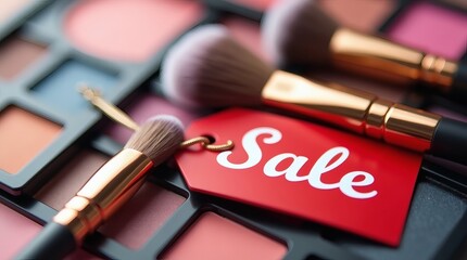 Premium makeup brushes arranged with red cursive Sale tag, highlighting texture, soft glow, and glamorous blur of colorful cosmetics behind
