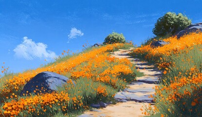 Sunny hillside path, wildflowers