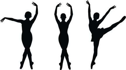 Ballet dancer silhouette set, graceful poses in motion, black and white vector illustration, minimal design, elegant movement, dance icon
