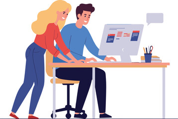 Team collaboration at computer, coworkers working together in office, project discussion with desktop, modern workspace teamwork concept, business support illustration