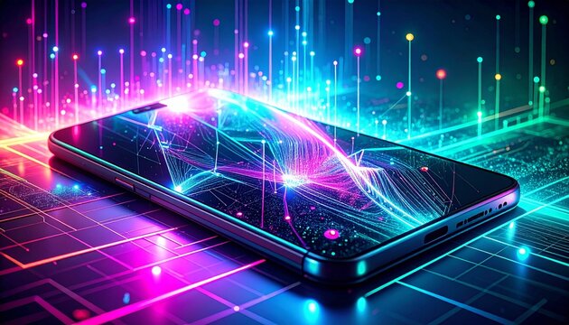 Vibrant abstract illustration of wireless connectivity — geometric shapes, smartphone silhouettes, neon circuits, flowing particle streams, teal and pink gradients, ultra-modern”