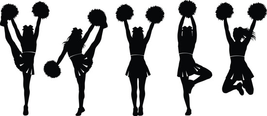 Cheerleader silhouette set with pom-poms, dynamic poses in motion, black and white vector illustration, minimal design, team spirit icon
