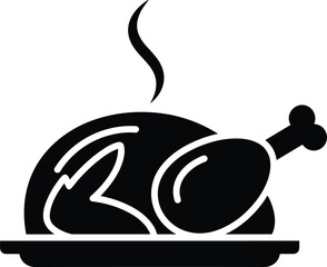 Roasted chicken or turkey icon, black and white style, steaming hot food, serving platter, minimal design, dining concept, meal symbol