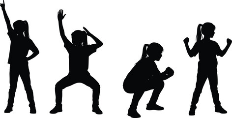 Silhouettes of children striking expressive poses, playful movement, body language, confidence, energy, black and white, casual outfit, white background