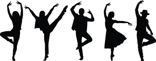Group of dancers in silhouette, expressive poses, ballet and contemporary styles, artistic movement, white background, dynamic composition, performance concept