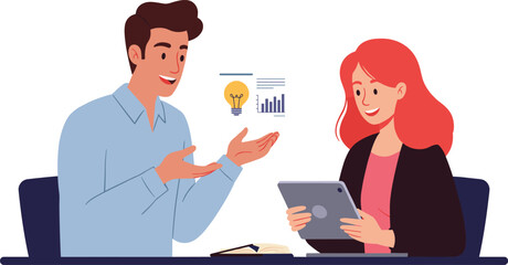 Young professionals brainstorming business ideas, digital data analysis, team collaboration, office teamwork, tablet usage, and innovation discussion illustration