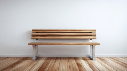 Minimalist Interior Featuring a Wooden Bench Against a White Wall, Ideal for Mockups and Design Presentations
