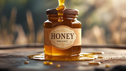 Cinematic Organic Honey Jar with Golden Drip & Vintage Label | Rustic Farm-to-Table Photography