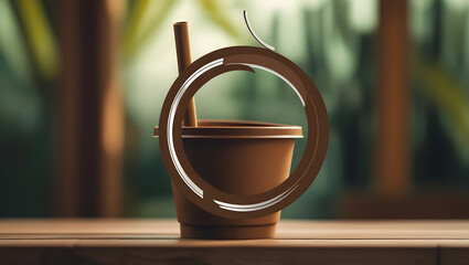 Cinematic Photo of Reusable Bamboo Straw with Cup Silhouette | Eco-Friendly Brown Icon on Earthy Background