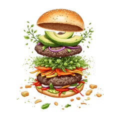 Exploded view gourmet veggie burger with avocado, black bean patties, fresh microgreens, and rainbow-colored vegetables, vibrant hand-drawn sketch-and-color food illustration on pure white background