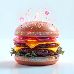 Futuristic Sci-Fi Burger with Glowing Neon Buns, Metallic Cheese, and Holographic Toppings | Digital Art on White