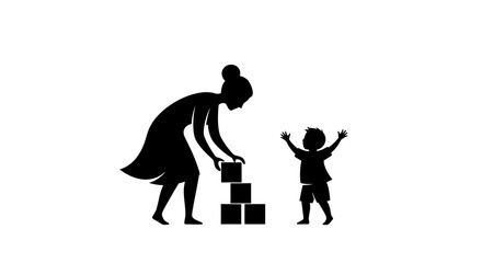 Silhouette of a mother building with blocks a tower for her child who happily watches with arms raised in anticipation of fun and play