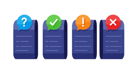 Icons Representing Different Outcomes and Statuses on Document Lists Including Question Mark Check Mark Exclamation Point and Cross Symbol